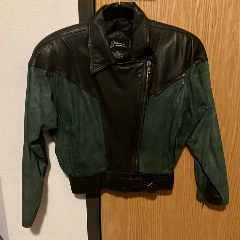 Vintage Giovanni Black & Green 100% Leather Moto Jacket Women Size Small